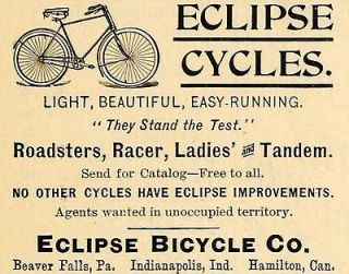 1895 Ad Eclipse Cycles Roaster Racer Ladies Tandem Bike   ORIGINAL 