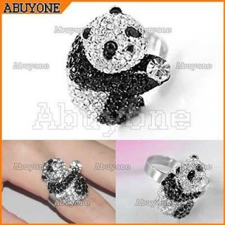 Lovely Cute Bling Full Crystal Rhinestone Panda Ring Adjustable