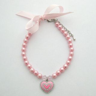 Pink pearls dog necklace with heart pendant,pet collar,with ribbon/10 
