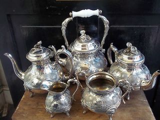exceptional ornate antique silver plate tea set kettle teapots milk 