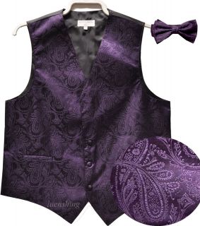 New mens tuxedo vest waistcoat_bowtie paisleys pattern dark purple XS 
