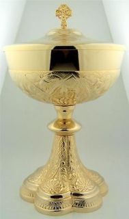 Brass Gold Plated Church Service Embossed Vines Ciborium with Celtic 