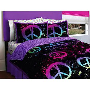 Teen Black PEACE SIGN 9P FULL Comforter, Sheets, Curtain Panels Bed In 