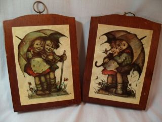 Hummel Wooden Pictures Wall Hanging Plaques of Boy Girl Under Umbrella 