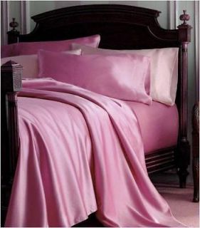 4PC NEW SOFT FULL PINK SILK~Y SATIN FLAT/FITTED SHEETS+PILLOWC​ASE 