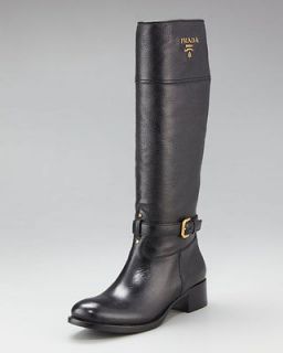 prada tall logo black leather riding boots size 39