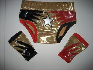 Pro Wrestling Trunks & wrist gloves gold wet look with razors design 