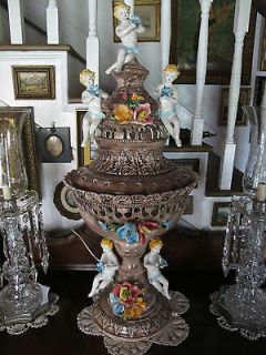 HUGE Vintage Capodimonte Urn Lamp Signed Po​rcelain Cherubs Flowers 