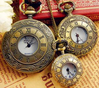 Antique Roma Bronze Steampunk Quartz Clock Pocket Watch Pendant 