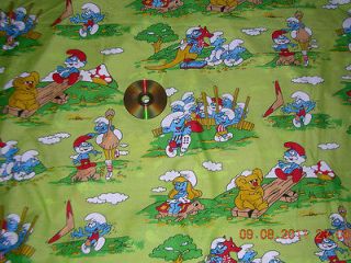 NEW 2 YARDS ~RARE THE SMURFS FAMILY HAPPY PLAYFUL GREEN FABRIC