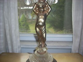 vintage brass cherub dangling crystal prism lamp 