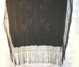 Vintage 20s Black Noir Embroidered silk shawl with fringes