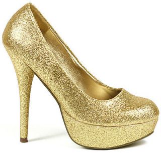 gold glitter high heel round toe platform pump