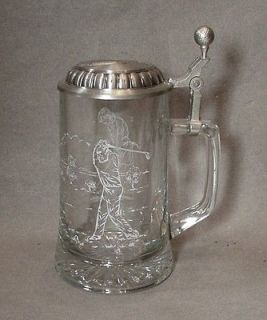 Large Golfer (Man and Woman) Frosted Crystal Stein w Pewter Lid 95% 