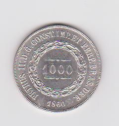 BRAZIL Silver 1000 Reis 1860 (Beautiful Full Luster Uncirculated)