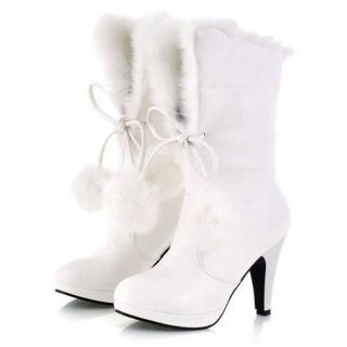 Cute Ball Decoration Ankle Boots Womens High Heels Sweet Shoes Snow 
