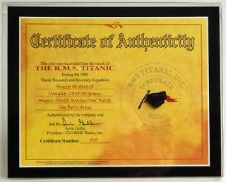 RMS TITANIC COAL 8X10 COA 100TH ANNIVERSARY EDITION AUTHENTIC 
