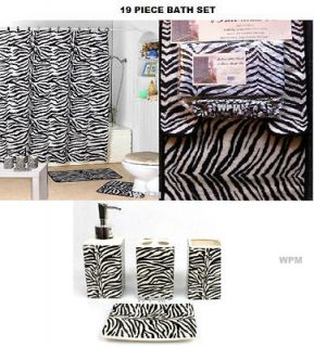   Bath Accessory Set black zebra printed bathroom rugs shower curtain