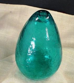 Unusual Tear Drop Shaped Emerald Green Crackle Glass Bud Vase 6 Tall