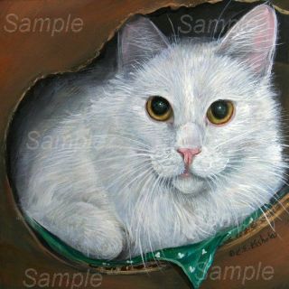 WHITE CAT LE#3/50 GICLEE of Painting Angora Longhair Gold eye Kasheta 