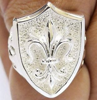 big fleur de lis knight shield silver brass ring sz