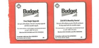 Budget coupns $50 off a monthly rental/ free single upgrade exp 6 