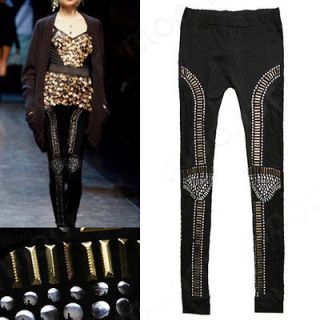 New Fashion Cool Lady Sequins Bullet Rivet Tight Pants Skinny Trousers 