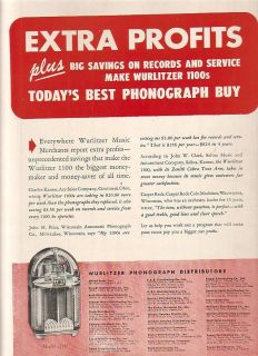 Wurlitzer 1100s phonograph 1948 Ad  extra profits the best phonograph 