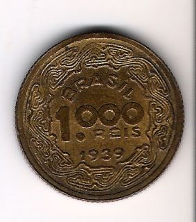 very nice unc 1939 brazil 1000 reis coin expedited shipping