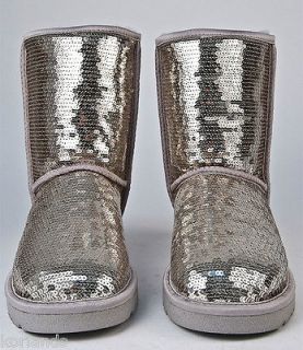 NEW UGG CLASSIC SHORT SPARKLES SEQUINS SILVER WOMENS BOOTS US 7 UK 5.5