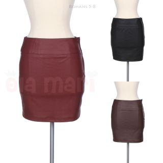 PU Faux Leather Side Zippered Pencil Straight Solid Short Mini Skirt 