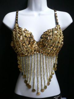 NEW WOMEN GOLD SEXY FASHION BRA BELLY DANCE SEQUINS BEADS TOP BRALET 