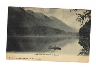 Cedar Lake WA postcard Seattle water supply canoe antique black 