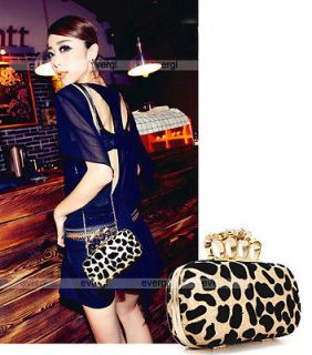 New Golden Skull Knuckle Ring Leopard Handbag Party Evening Bag Clutch 