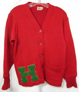 Vtg 40s 50s Mens VARSITY Sports Letterman Red CARDIGAN Sweater Size 