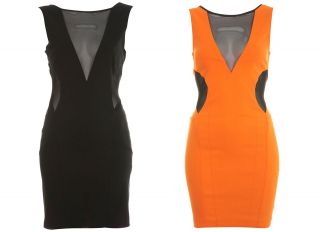 New Miss Selfridge Black/Neon Orange Cut Out Mesh Bodycon Dress UK 4 