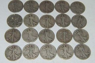 20 U.S. silver Walking Liberty half dollars cull ish $10 face value 