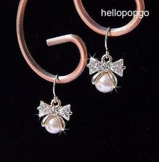 18K Rose Gold GP Swarovski Crystal Bow knot Pearl earrings BN219