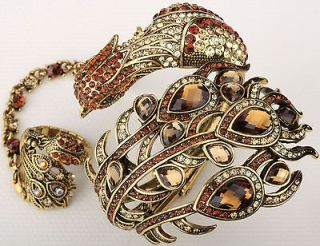 Gold brown crystal slave peacock bracelet ring set 2;buy 10 items free 