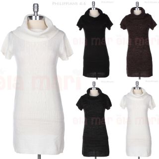 Cowl Turtle Neck Short Sleeve Long Cable Knit Sweater Tunic Dress Top 