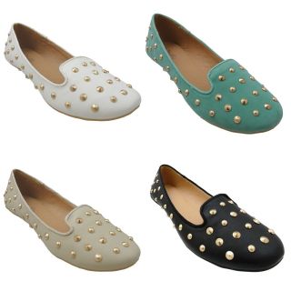 NEW Womens Leather Look Studded Flat Low Heel Slip On Ballet Pumps 