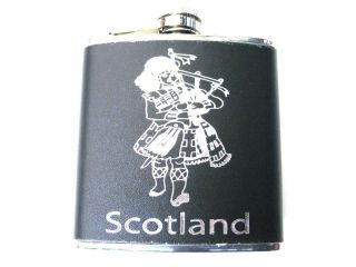Black & Silver 6oz Stainless Steel Scotland Piper Whisky Hip Flask