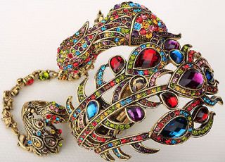 Gold multi crystal slave peacock bracelet ring set 2;buy 10 items free 