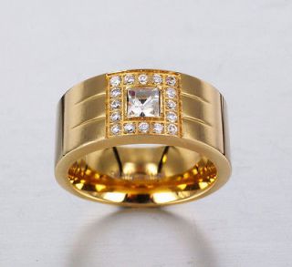 Thick Heavy All Gold GP Stainless Steel CZ x 17 Mens Ring Size 8,9,10 