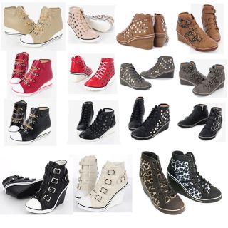 Buckle Strap Canvas Wedge Sneakers High Top Stud Ankle Boots Gold 