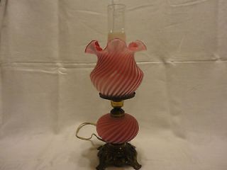   cranberry spiral optic swirl opalescent lamp vintage antique time