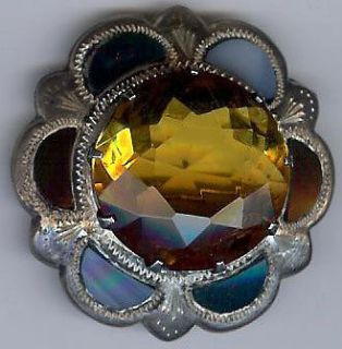 ANTIQUE SCOTTISH STERLING SILVER AGATE & FACETED TOPAZ GLASS PIN