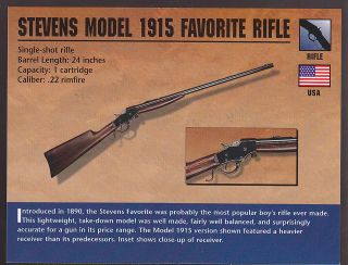 STEVENS MODEL 1915 FAVORITE RIFLE .22 Atlas Classic Firearms Gun CARD