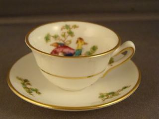 CROWN STAFFORDSHIRE EXOTIC BIRD ON BRANCH MINIATURE CUP AND SAUCER