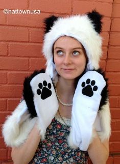 NEW Panda Bear Spirit Faux Fur Burning Man Hat Animal Hood with Paws 